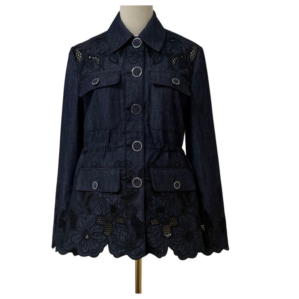 Veronica Beard Kiki Eyelet Jacket Navy Chambray Cinched Field Jacket - Picture 2 of 12